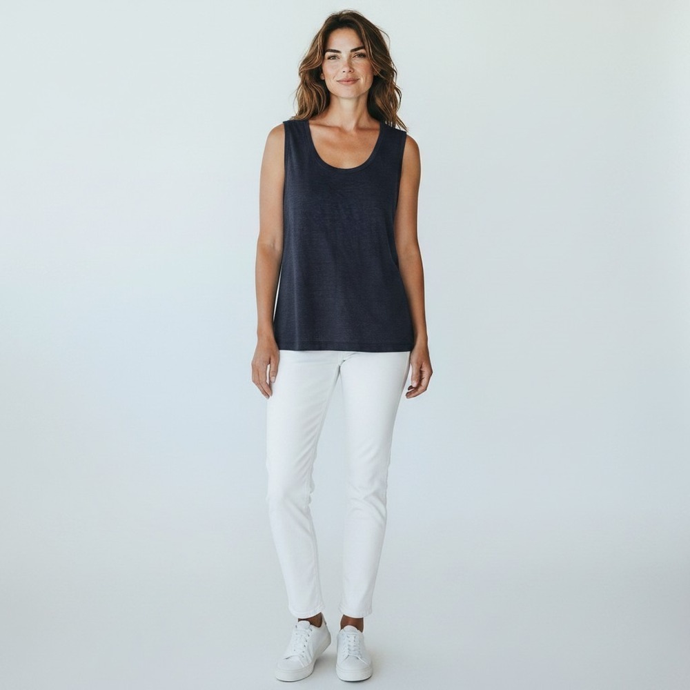Chicos 100% Linen blue Top SZ 3 XL Minimalist coastal Grandma Old Money Timeless